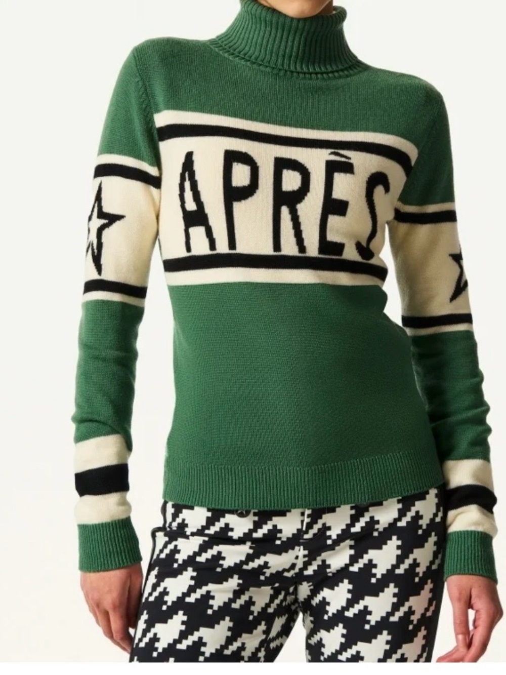 Perfect Moment Green Ribbed Turtleneck Sweater with Cream & Black Stripe